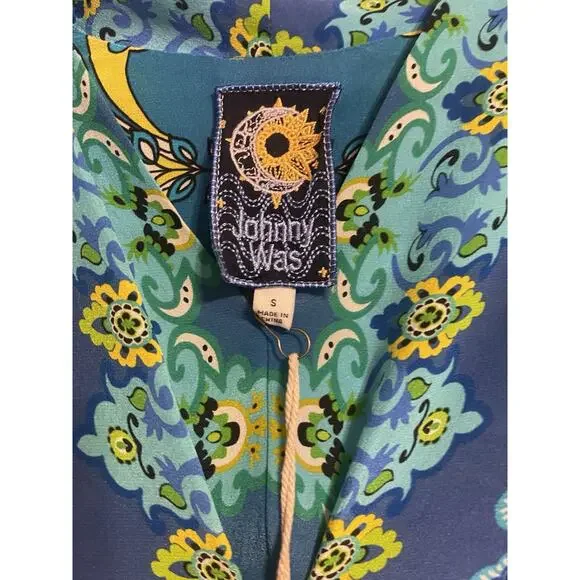 Johnny Was 100% Silk Kahinu Kaftan Boho Arstsy Maxi Dress Blue Green S NWT - Picture 7 of 10